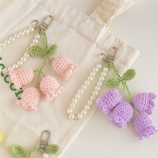 Crochet Flower Keychain with Pearl Strap